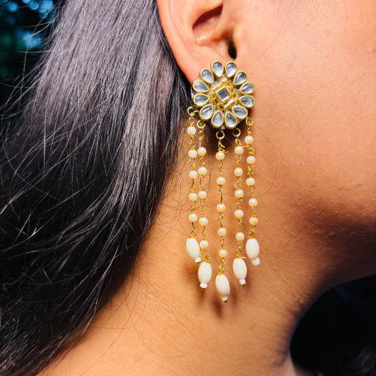 Pearl Drop Kundan Chain Earrings